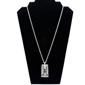White Enamel Long Geometric Rectangle Pendant Necklace Boho Fashion Jewelry 24"